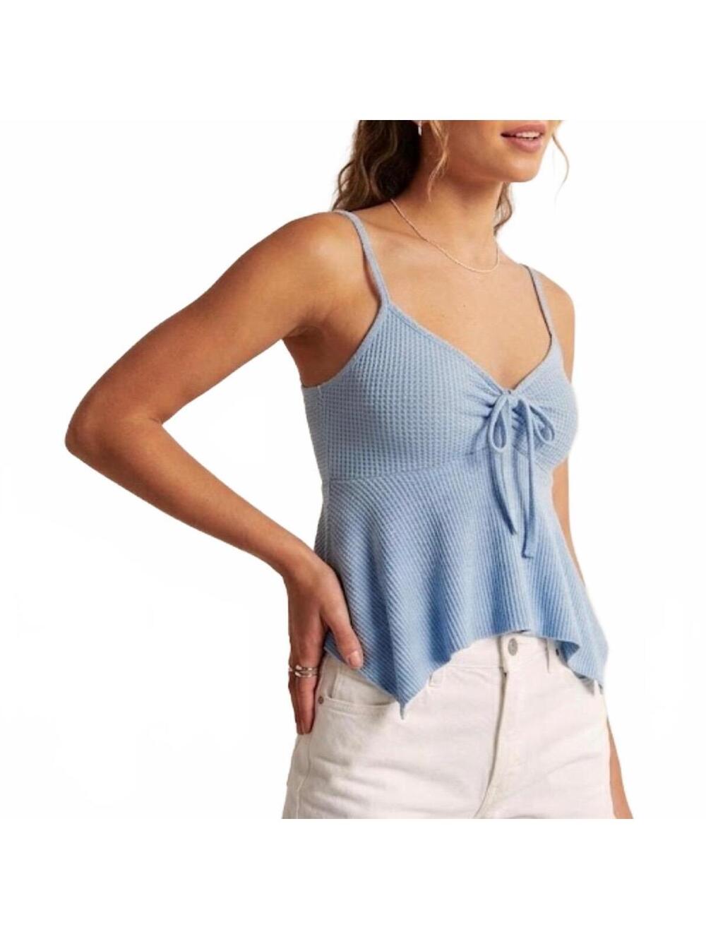 NWT Gaze light blue Babydoll Cami Tank Top Large Waffle Knit Coquette Fairycore